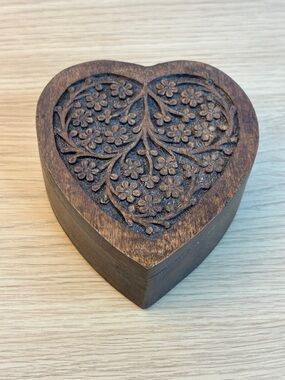 Cost Plus World Market Heart-Shaped Floral Carved Wooden Trinket Box - Brown